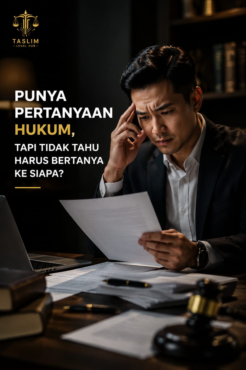 Ilustrasi seseorang membaca dokumen dengan ekspresi khawatir, disertai pertanyaan tentang tempat berkonsultasi hukum.